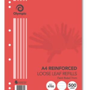 Olympic Reinforced Loose Leaf Refills A4. 297X210MM Punched 7 Holes Pack/500 Ruled 7MM
