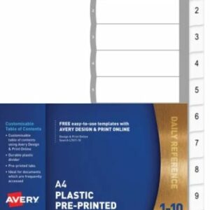 Avery A4 Polypropylene Plastic White 1-10 Index Punched Divider