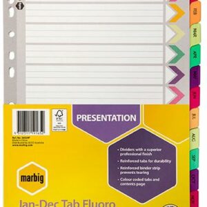 Marbig Fluoro Dividers A4 Jan-Dec Tab White Set