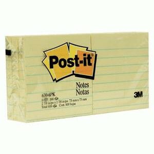Post It Notes Lined Canary Yellow 630- 6 PKT 73X73MM 100 Sheets Per Pad
