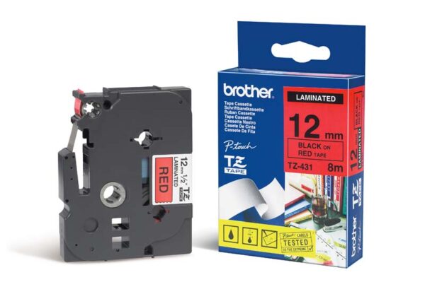 Brother 12MM Black Text On Red Tape - 8 Metres