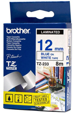 Brother 12MM Blue Text On White Tape - 8 Metres Tze-233