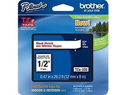 Brother 12MM Red Text On White Tape - 8 Metres