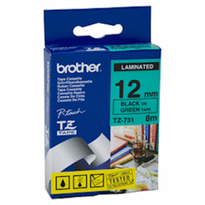 Brother 12MM Black Text On Green Tape - 8 Metres Tze-731
