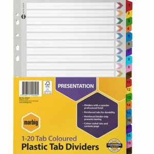 Marbig Plastic Tab Coloured Dividers A4 Board 1-20 Tab Set