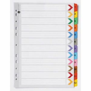 Marbig Reinforced Plastic Tab Coloured Dividers A4 Board 1-12 Tab Set