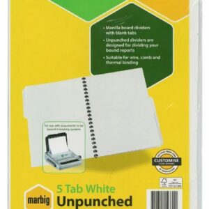 Marbig A4 White Unpunched 5 Tab Dividers