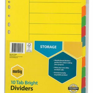 Marbig Manilla Brights A4 Board Dividers 10 Tab Set