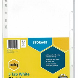 Marbig A4 5 Tab Punched White Divider Cardboard