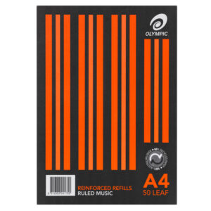Olympic Reinforced Loose Leaf Refills A4. 297X210MM Punched 7 Holes. Pack/50 Ruled Music.