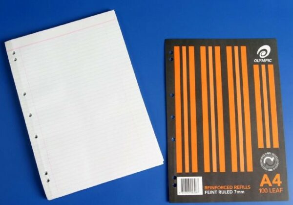 Olympic Reinforced Loose Leaf Refills A4. 297X210MM Punched 7 Holes. Ruled 14MM Dotted 3Rds.