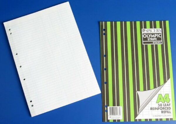 Olympic Reinforced Loose Leaf Refills A4. 297X210MM Punched 7 Holes. Pack/50 Ruled Treble Cash 3 M.C.