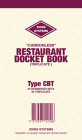 Zions Carbonless Restaurant Docket Books. Pack/25 Triplicate, 17 Lines Per Docket. 25 Sets Per Book.