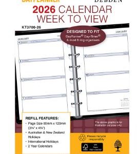 Weekly Dated Debden KT3700-26 Dayplanner Pocket Refill 2026