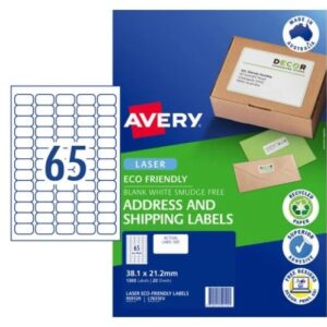 Avery White Enviro Labels 100% Recycled Address 65UP L7151Ev. 38.1 X 21.2 MM 20 Sheet Pack