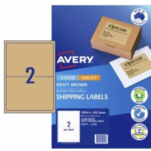 Avery Kraft Shipping Labels L7168 2UP 199.6 x 143.5 mm, Laser, Inkjet, Permanent 20 Sheets